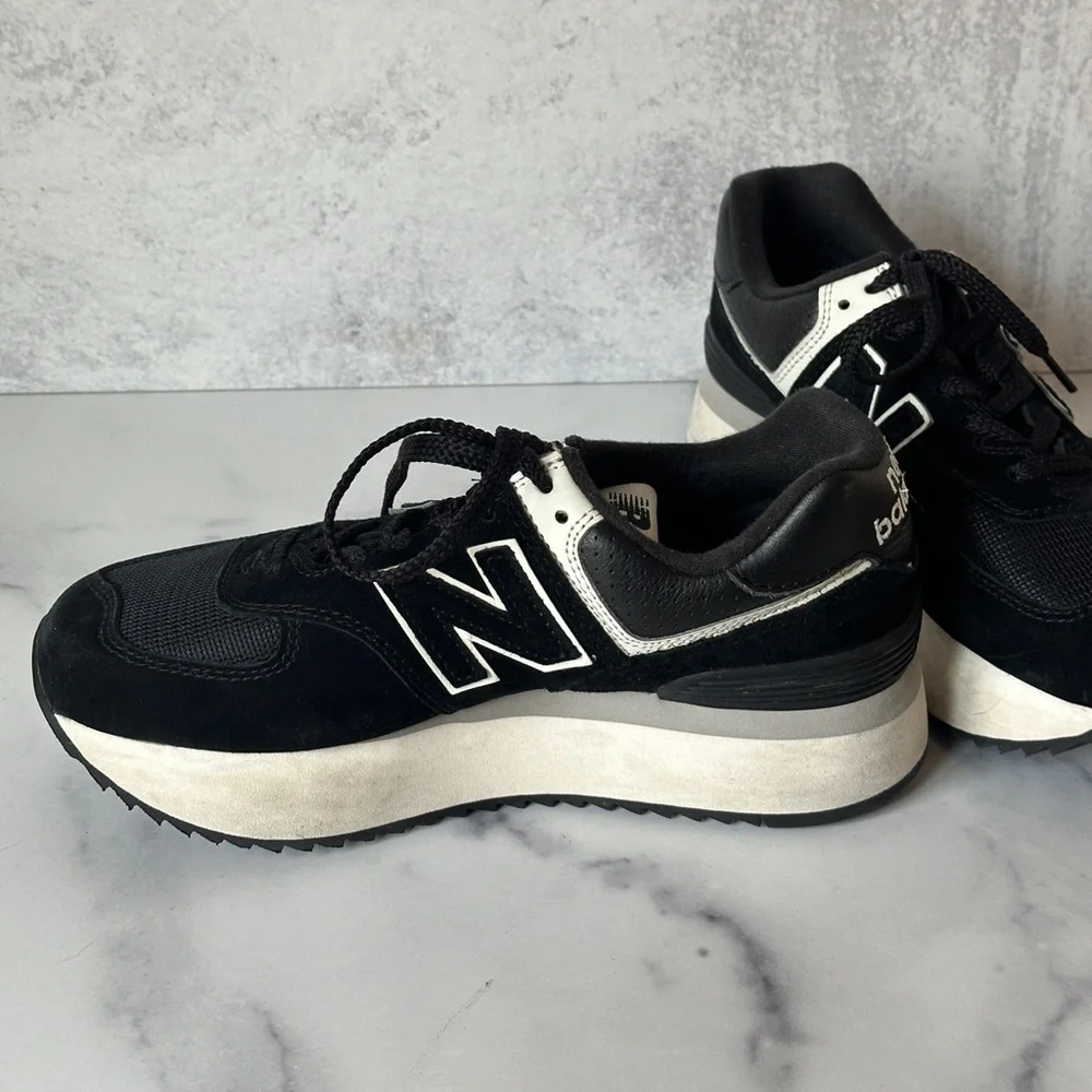 New Balance 574 Black and White Platform Sneakers - Picture 7 of 10